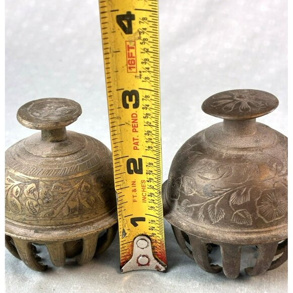 VTG Brass Elephant Claw Bells Set 2 India Engraved Crotal Camel Bells Clappers - Picture 3 of 7